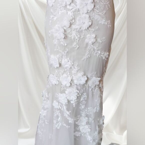 Stunning High Low Tulle With Flower Applique Overlay Gray Mermaid Fit Wedding Dr - Picture 12 of 15